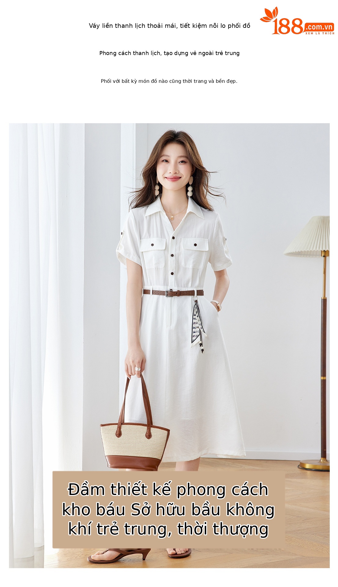 Đầm maxi nữ cổ bẻ thắt eo dáng suông kèm dây lưng — Xanh lông mòng đen, màu trắng chi tiết 2