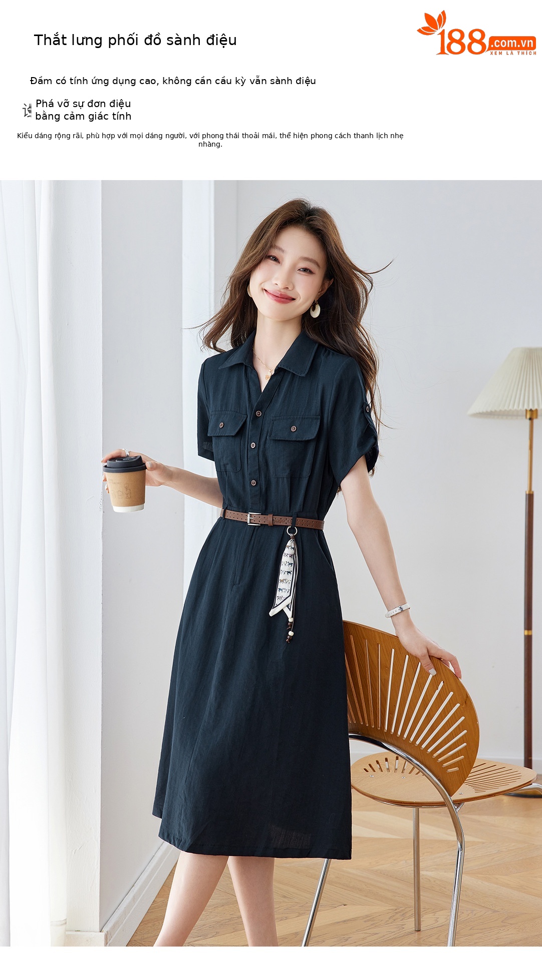Đầm maxi nữ cổ bẻ thắt eo dáng suông kèm dây lưng — Xanh lông mòng đen, màu trắng chi tiết 3