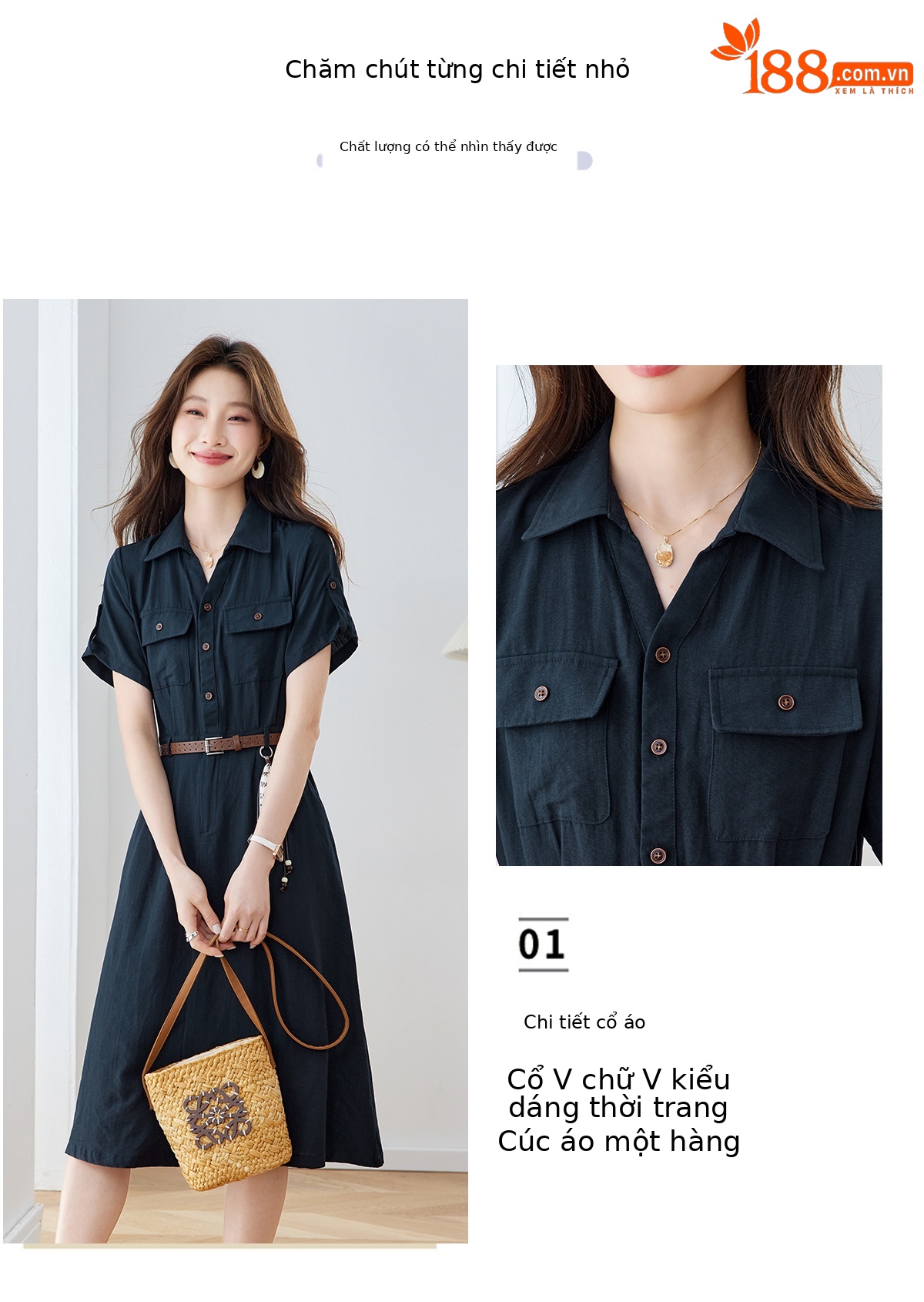 Đầm maxi nữ cổ bẻ thắt eo dáng suông kèm dây lưng — Xanh lông mòng đen, màu trắng chi tiết 5