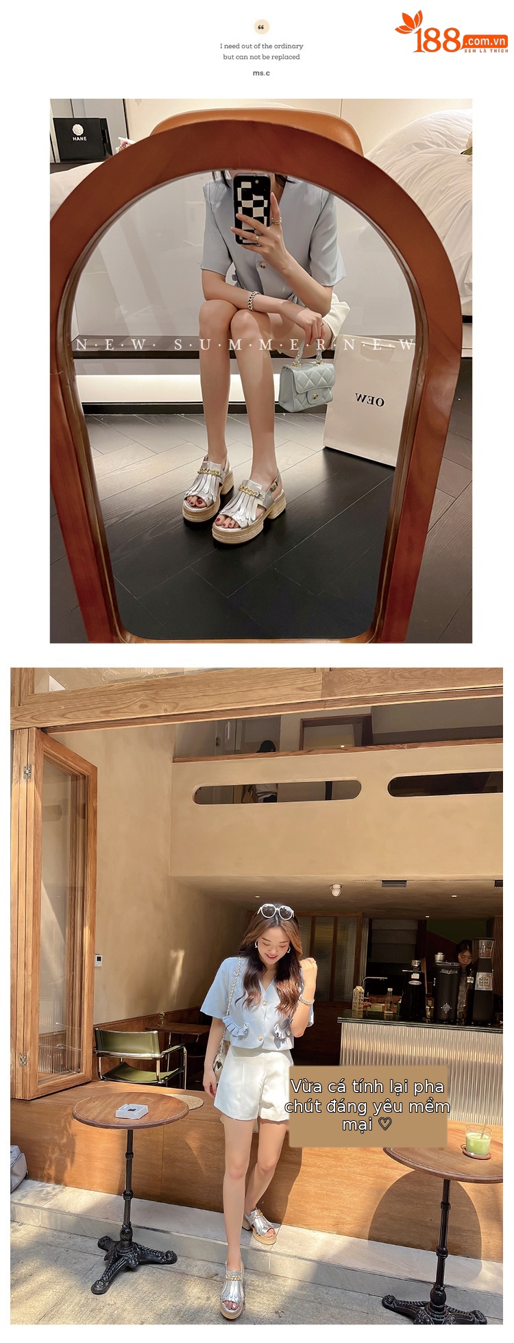 Sandal nữ đế thấp mũi hở quai tua rua đế cói phối dây xích kim loại — màu trắng, bạc chi tiết 10