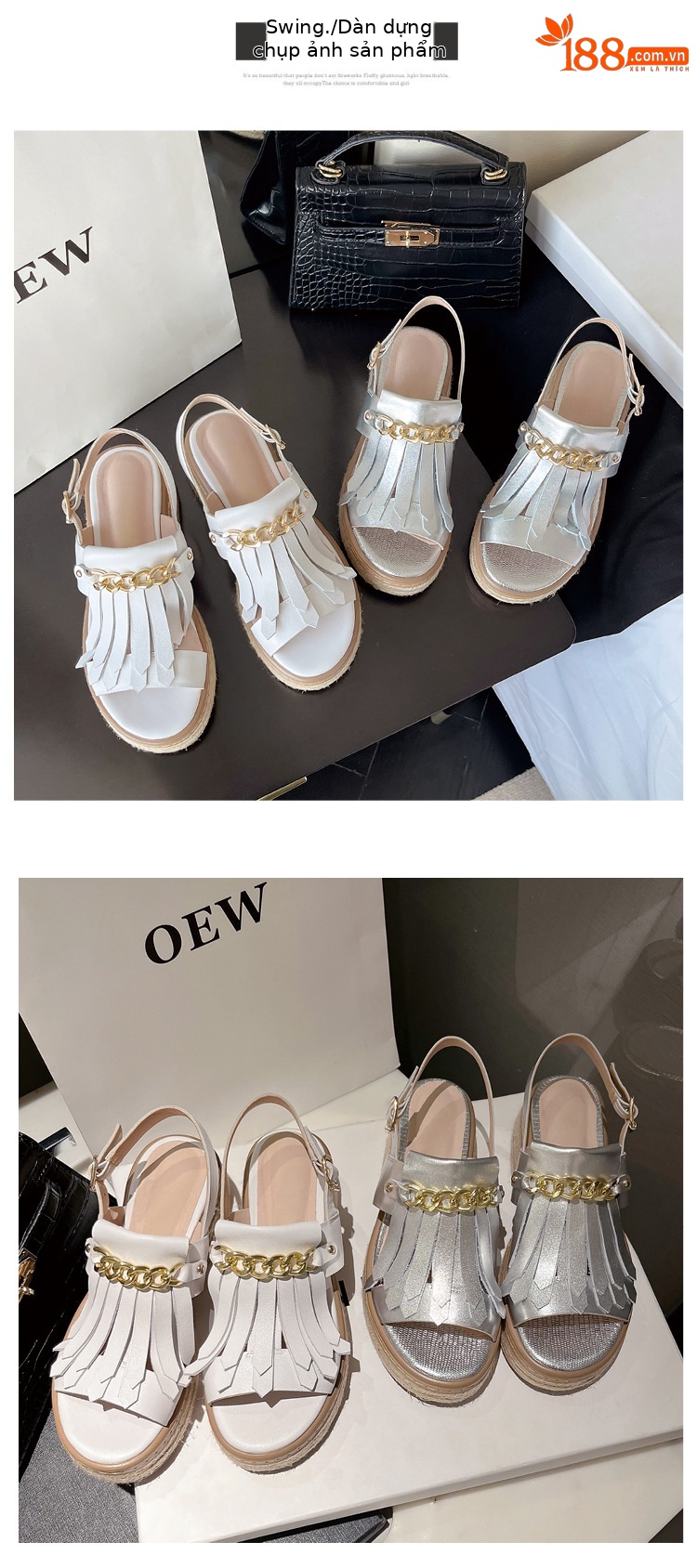 Sandal nữ đế thấp mũi hở quai tua rua đế cói phối dây xích kim loại — màu trắng, bạc chi tiết 16