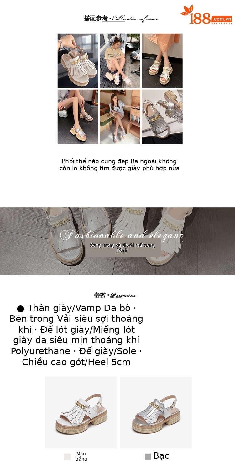 Sandal nữ đế thấp mũi hở quai tua rua đế cói phối dây xích kim loại — màu trắng, bạc chi tiết 2