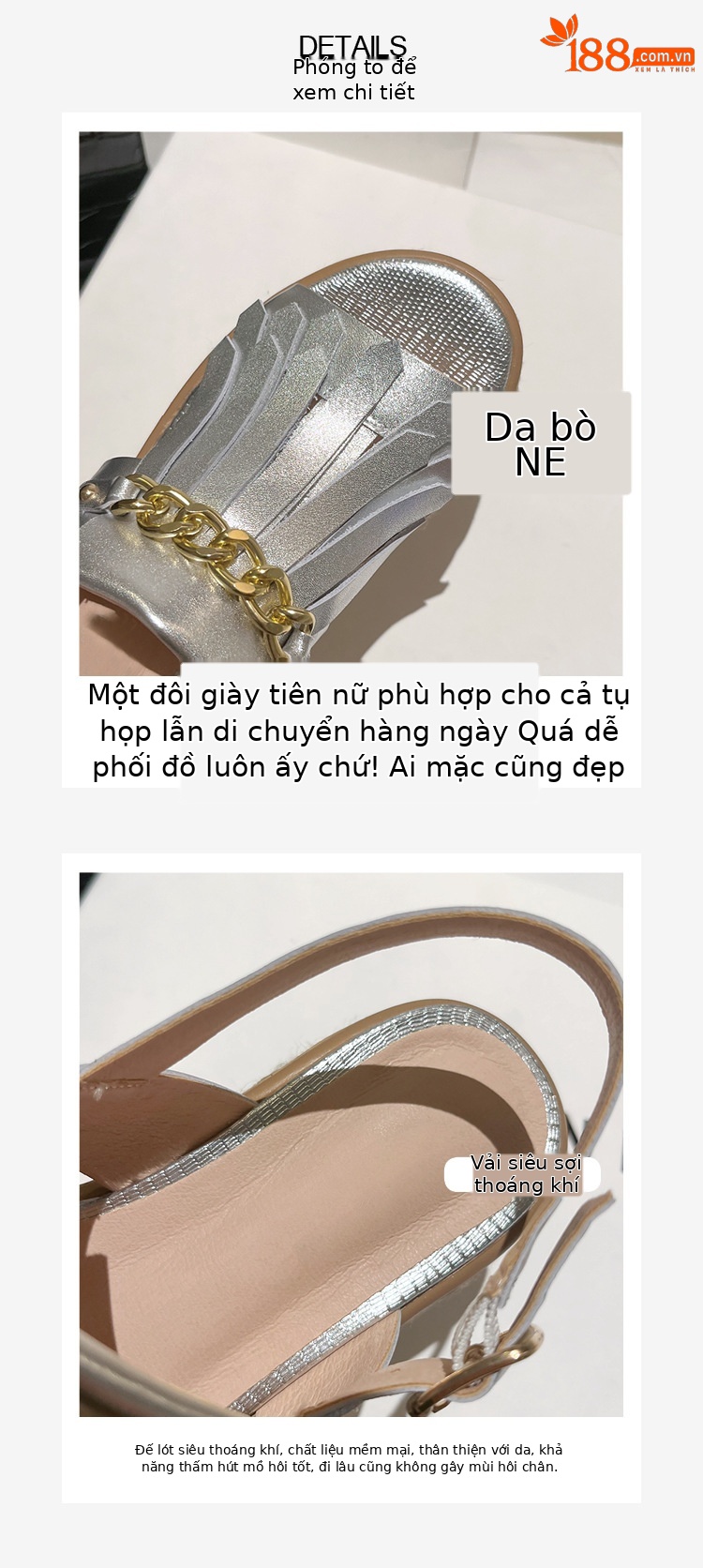 Sandal nữ đế thấp mũi hở quai tua rua đế cói phối dây xích kim loại — màu trắng, bạc chi tiết 4