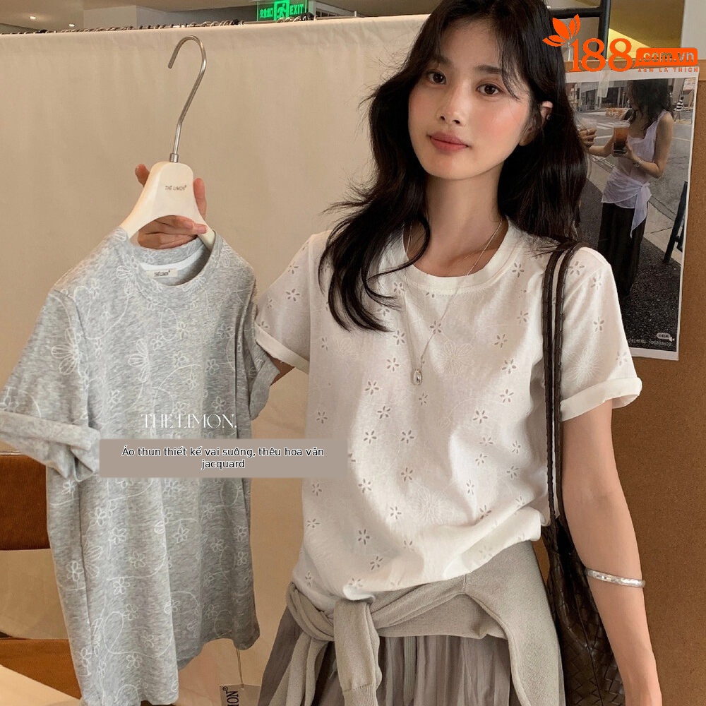 Áo thun nữ cổ tròn tay ngắn thêu hoa ren hở vai — màu trắng, màu xám