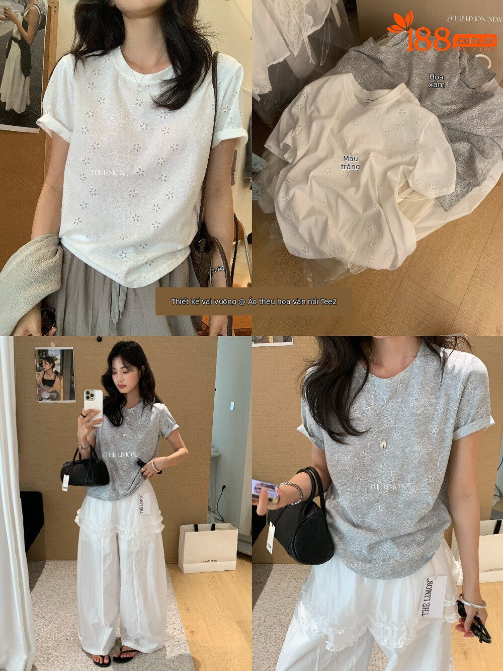 Áo thun nữ cổ tròn tay ngắn thêu hoa ren hở vai — màu trắng, màu xám chi tiết 33