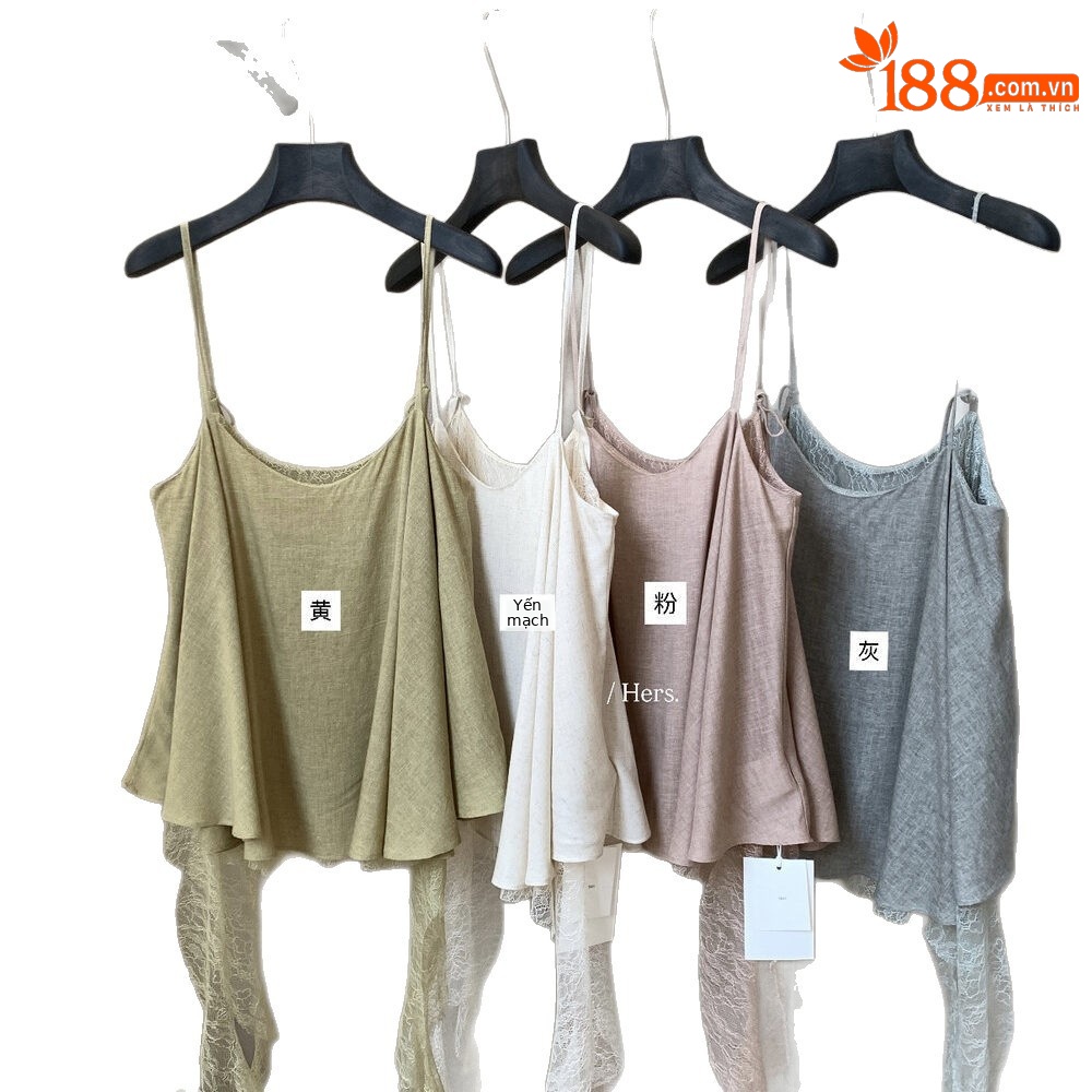 Áo hai dây nữ thiết kế hai mặt mặc được, phối ren, dáng rộng — màu hồng, màu xám, màu vàng, yến mạch