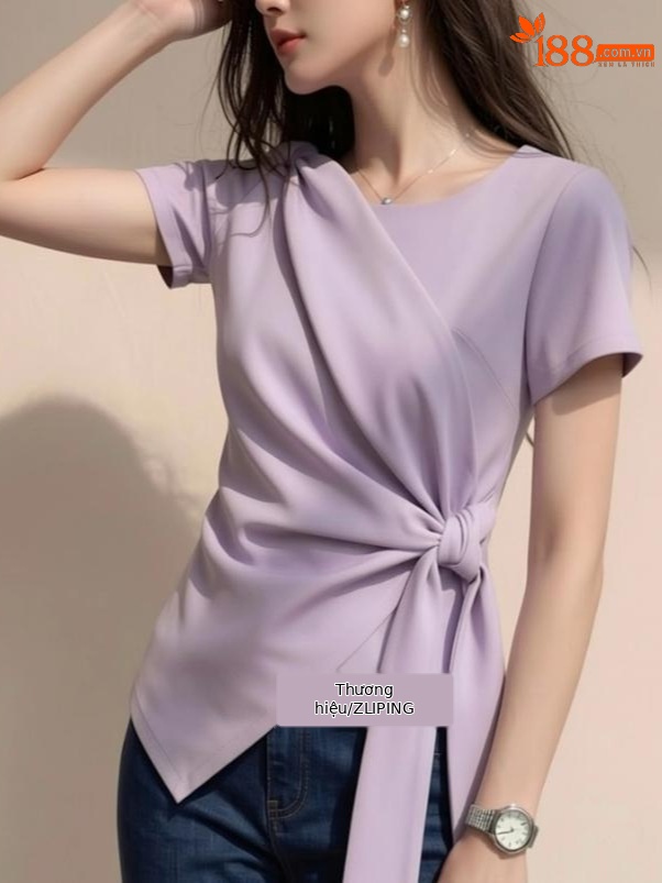Áo thun nữ tay ngắn cổ tròn thiết kế dây rút eo phong cách Hàn Quốc — màu tím