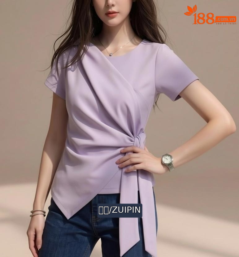 Áo thun nữ tay ngắn cổ tròn thiết kế dây rút eo phong cách Hàn Quốc — màu tím chi tiết 3