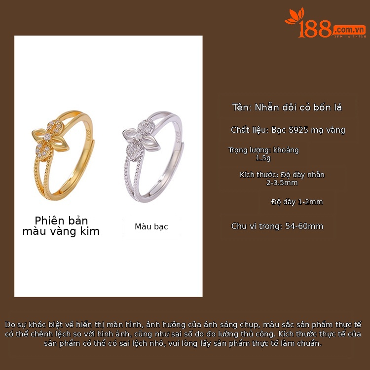 Nhẫn nữ bạc S925 mạ vàng hai màu hình bốn lá cỏ — Loại bạc chi tiết 2