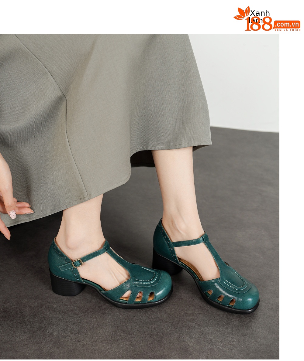 Sandal cao gót nữ mũi nhọn quai ngang khóa T, gót 5 cm, da bò thật — đen chi tiết 4