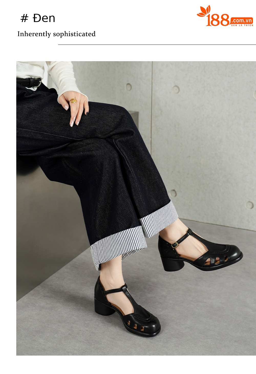 Sandal cao gót nữ mũi nhọn quai ngang khóa T, gót 5 cm, da bò thật — đen chi tiết 9