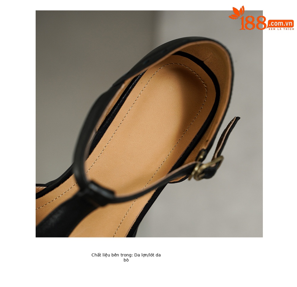 Sandal cao gót nữ mũi nhọn quai ngang khóa T, gót 5 cm, da bò thật — đen chi tiết 21