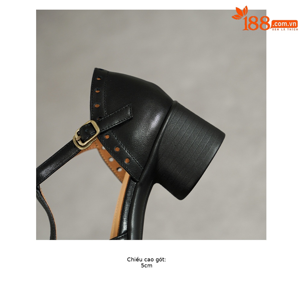 Sandal cao gót nữ mũi nhọn quai ngang khóa T, gót 5 cm, da bò thật — đen chi tiết 22