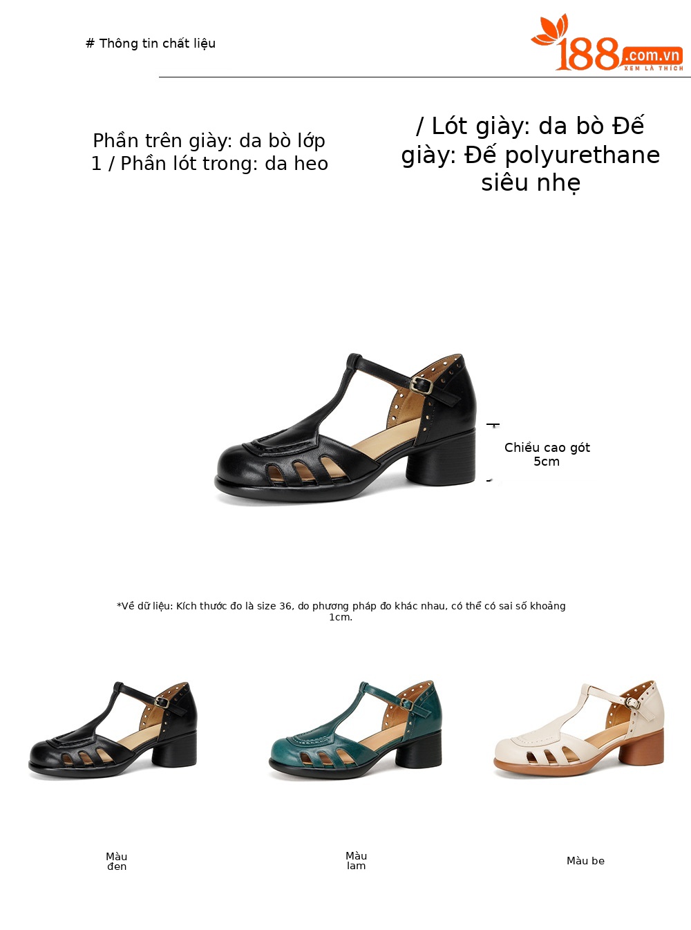 Sandal cao gót nữ mũi nhọn quai ngang khóa T, gót 5 cm, da bò thật — đen chi tiết 2