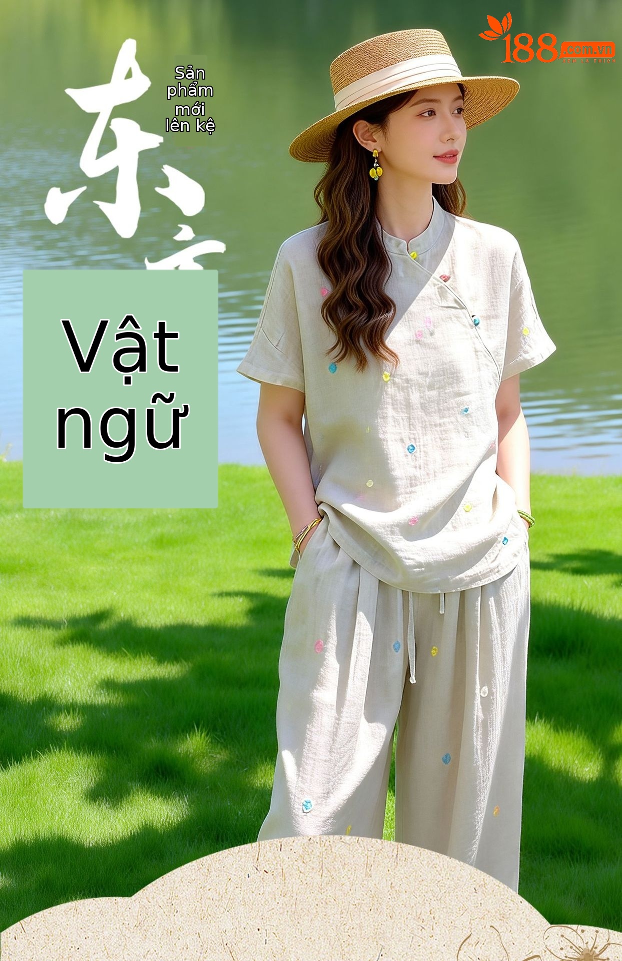 Bộ quần áo thể thao nữ mùa hè 2026 áo thun thêu họa tiết quần ống suông hai mảnh — màu trắng ngà chi tiết 8