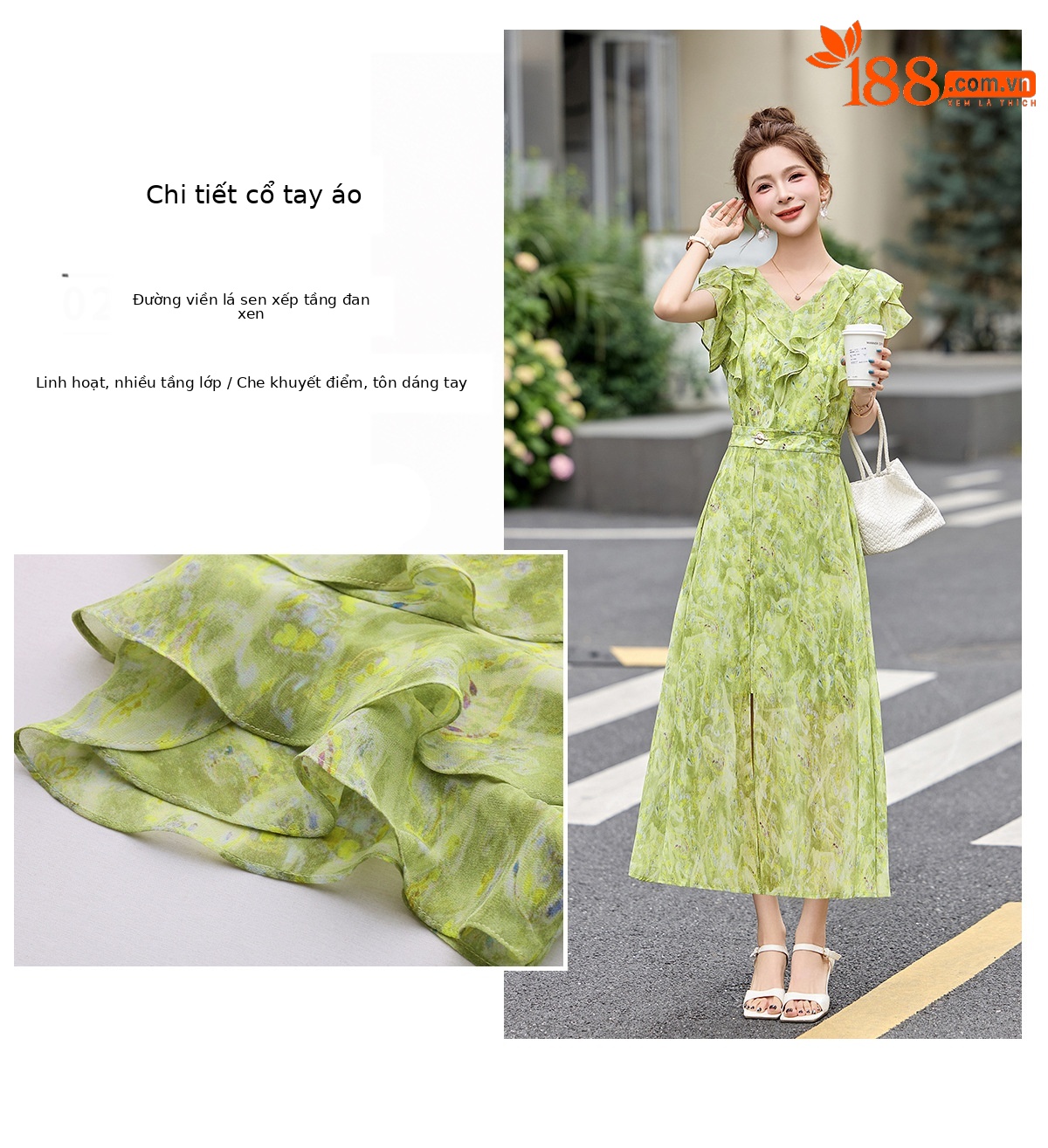 Đầm maxi nữ thắt eo cổ V in họa tiết hoa dáng dài — Hoa xanh lá cây, Hoa xám chi tiết 5