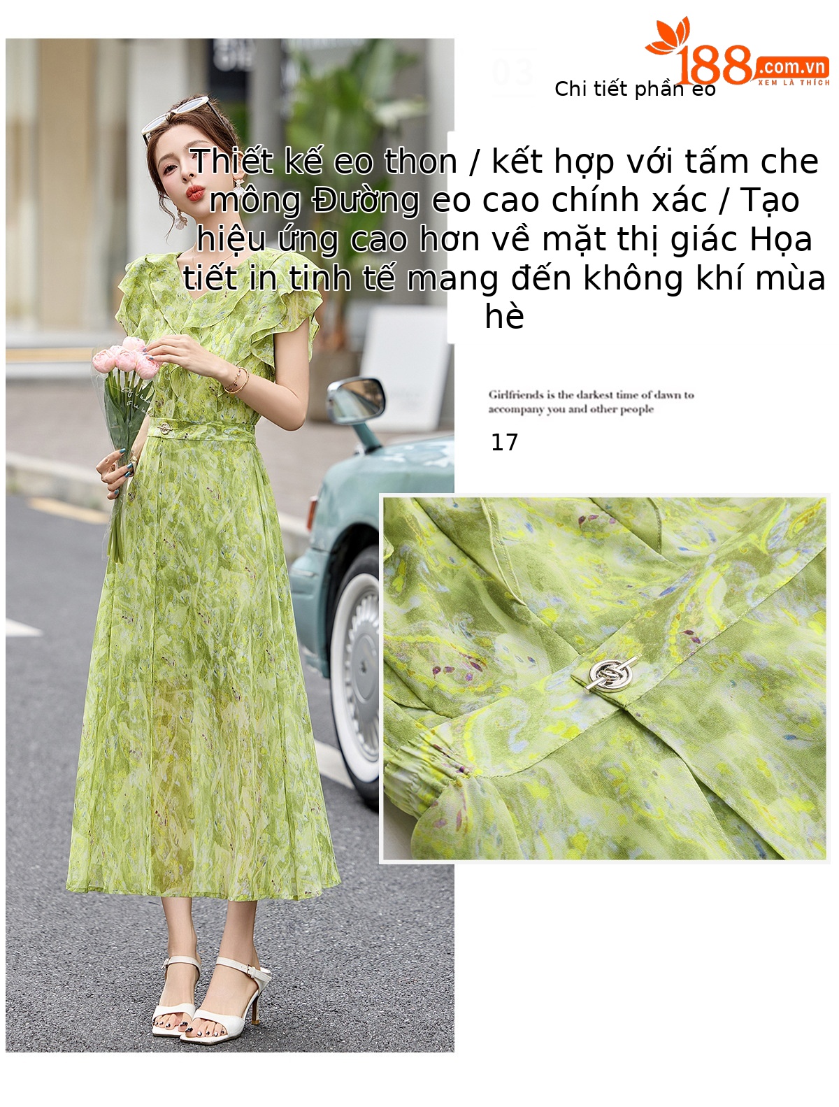 Đầm maxi nữ thắt eo cổ V in họa tiết hoa dáng dài — Hoa xanh lá cây, Hoa xám chi tiết 6