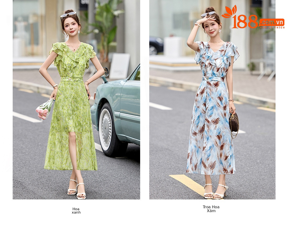 Đầm maxi nữ thắt eo cổ V in họa tiết hoa dáng dài — Hoa xanh lá cây, Hoa xám chi tiết 8