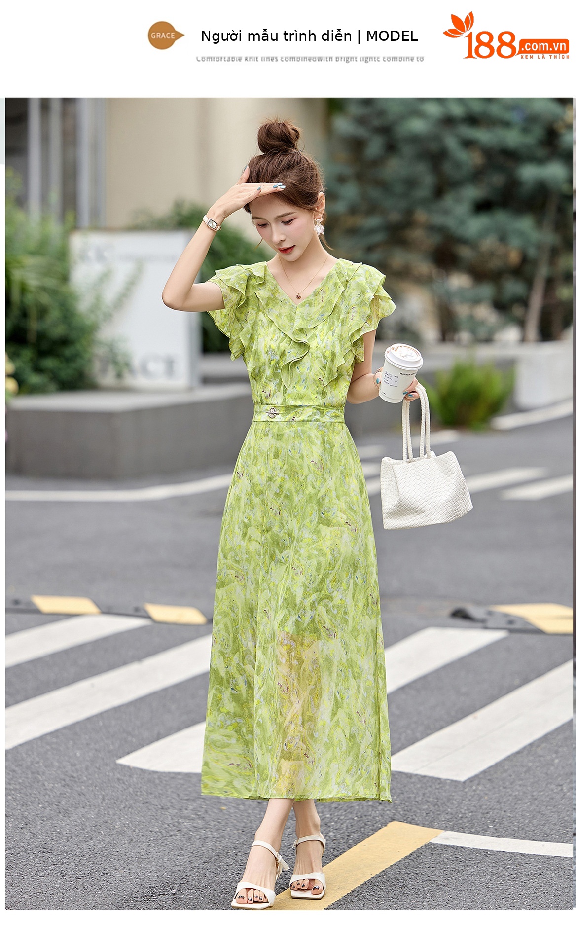 Đầm maxi nữ thắt eo cổ V in họa tiết hoa dáng dài — Hoa xanh lá cây, Hoa xám chi tiết 10