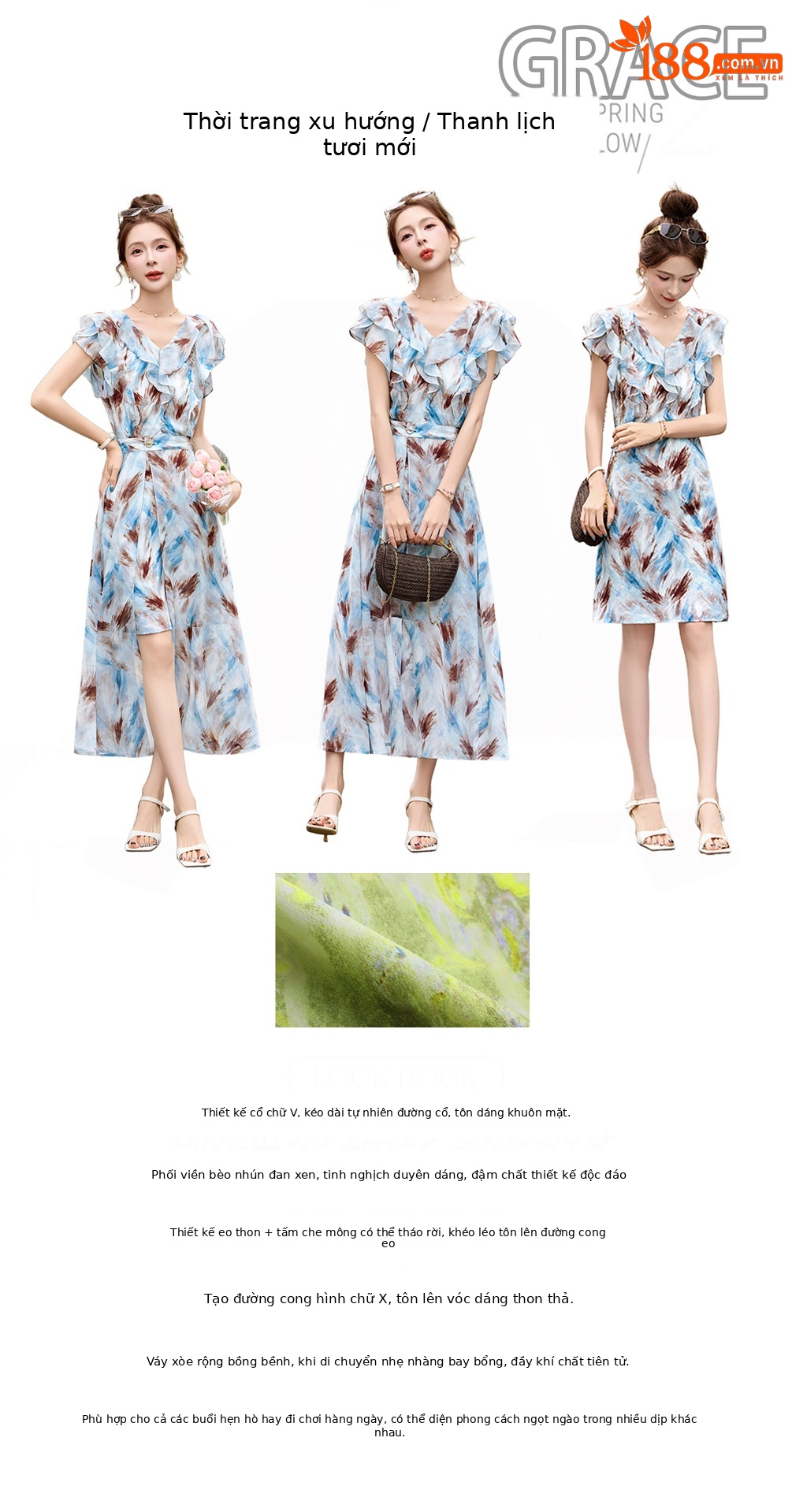 Đầm maxi nữ thắt eo cổ V in họa tiết hoa dáng dài — Hoa xanh lá cây, Hoa xám chi tiết 1