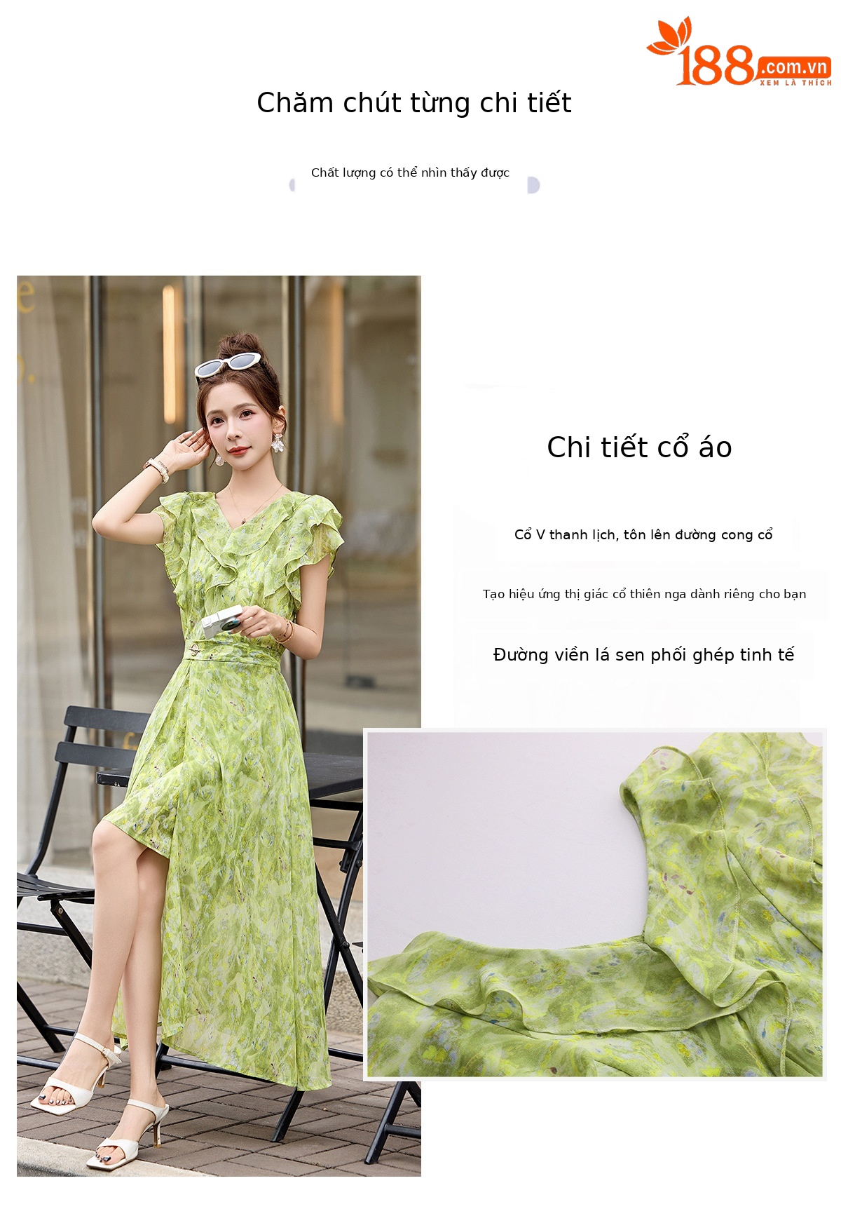 Đầm maxi nữ thắt eo cổ V in họa tiết hoa dáng dài — Hoa xanh lá cây, Hoa xám chi tiết 4