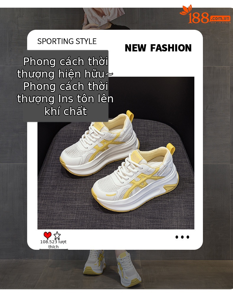 Giày sneaker nữ đế dày tăng chiều cao phong cách thể thao — M2852 be, M2852 xanh, M2852 vàng chi tiết 3