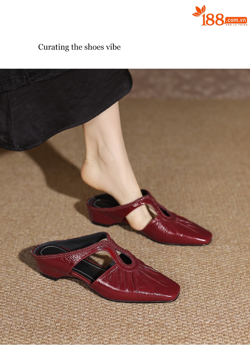Dép mule nữ gót thấp 4 cm, mũi kín hở gót, kiểu dệt đan họa tiết — Rượu vang đỏ chi tiết 1