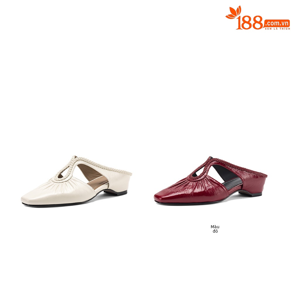 Dép mule nữ gót thấp 4 cm, mũi kín hở gót, kiểu dệt đan họa tiết — Rượu vang đỏ chi tiết 5