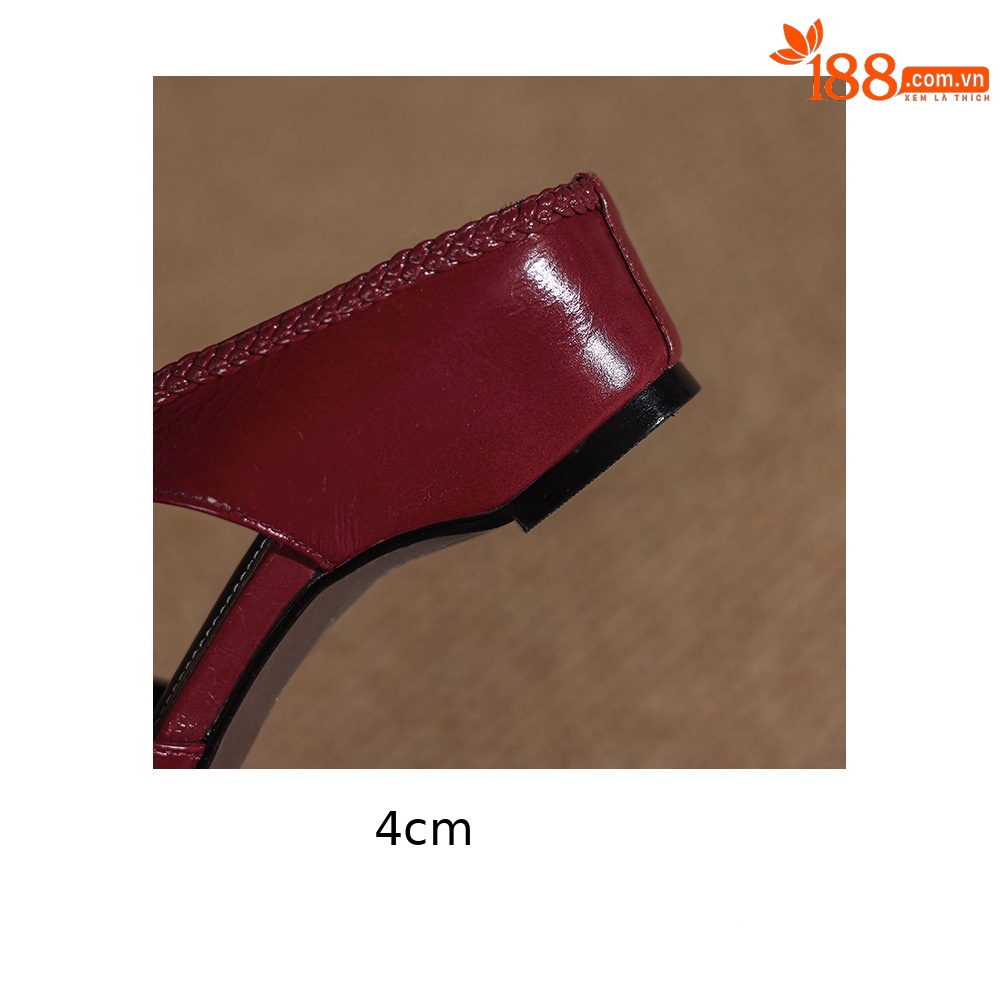 Dép mule nữ gót thấp 4 cm, mũi kín hở gót, kiểu dệt đan họa tiết — Rượu vang đỏ chi tiết 11