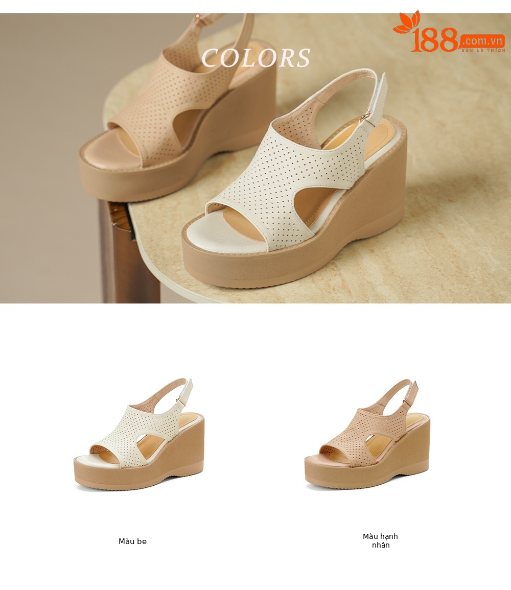 Sandal cao gót nữ hở mũi đế xuồng da cừu đục lỗ — màu trắng ngà chi tiết 3