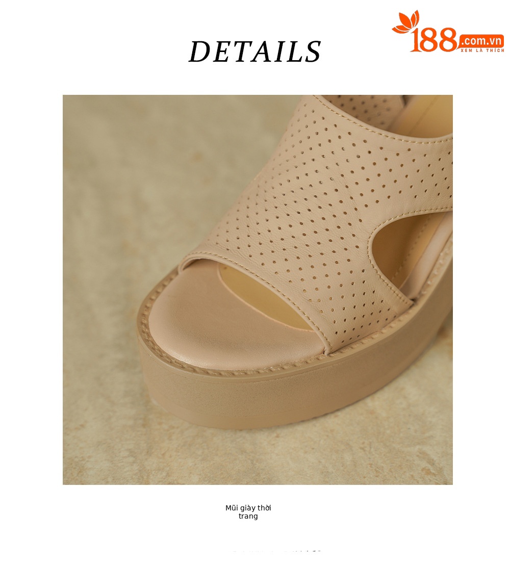 Sandal cao gót nữ hở mũi đế xuồng da cừu đục lỗ — màu trắng ngà chi tiết 17