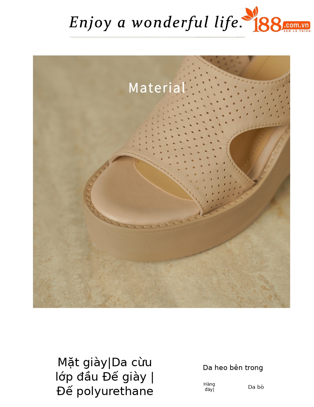 Sandal cao gót nữ hở mũi đế xuồng da cừu đục lỗ — màu trắng ngà chi tiết 2