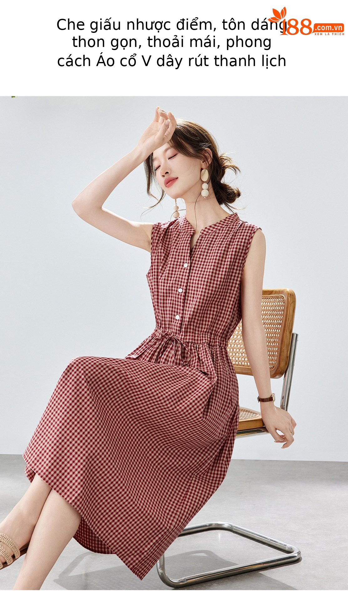 Đầm maxi nữ thắt eo cổ V rút dây, dáng chữ A trung niên mùa hè — Sọc Tây Tạng, Lưới đỏ, Sọc kaki chi tiết 4