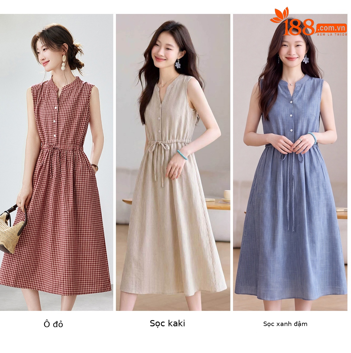 Đầm maxi nữ thắt eo cổ V rút dây, dáng chữ A trung niên mùa hè — Sọc Tây Tạng, Lưới đỏ, Sọc kaki chi tiết 11