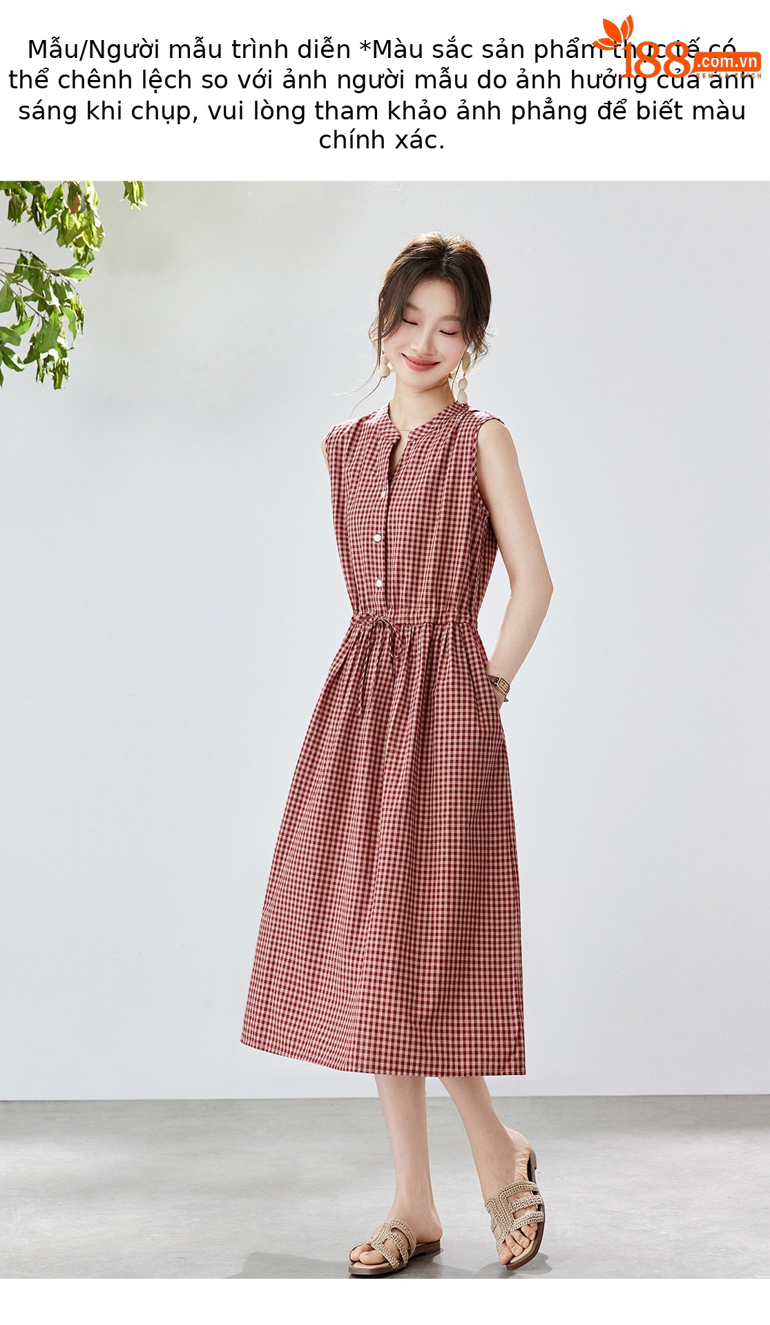 Đầm maxi nữ thắt eo cổ V rút dây, dáng chữ A trung niên mùa hè — Sọc Tây Tạng, Lưới đỏ, Sọc kaki chi tiết 12