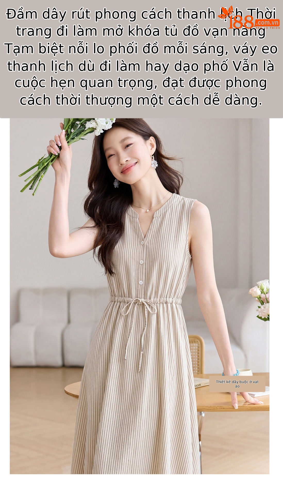 Đầm maxi nữ thắt eo cổ V rút dây, dáng chữ A trung niên mùa hè — Sọc Tây Tạng, Lưới đỏ, Sọc kaki chi tiết 2