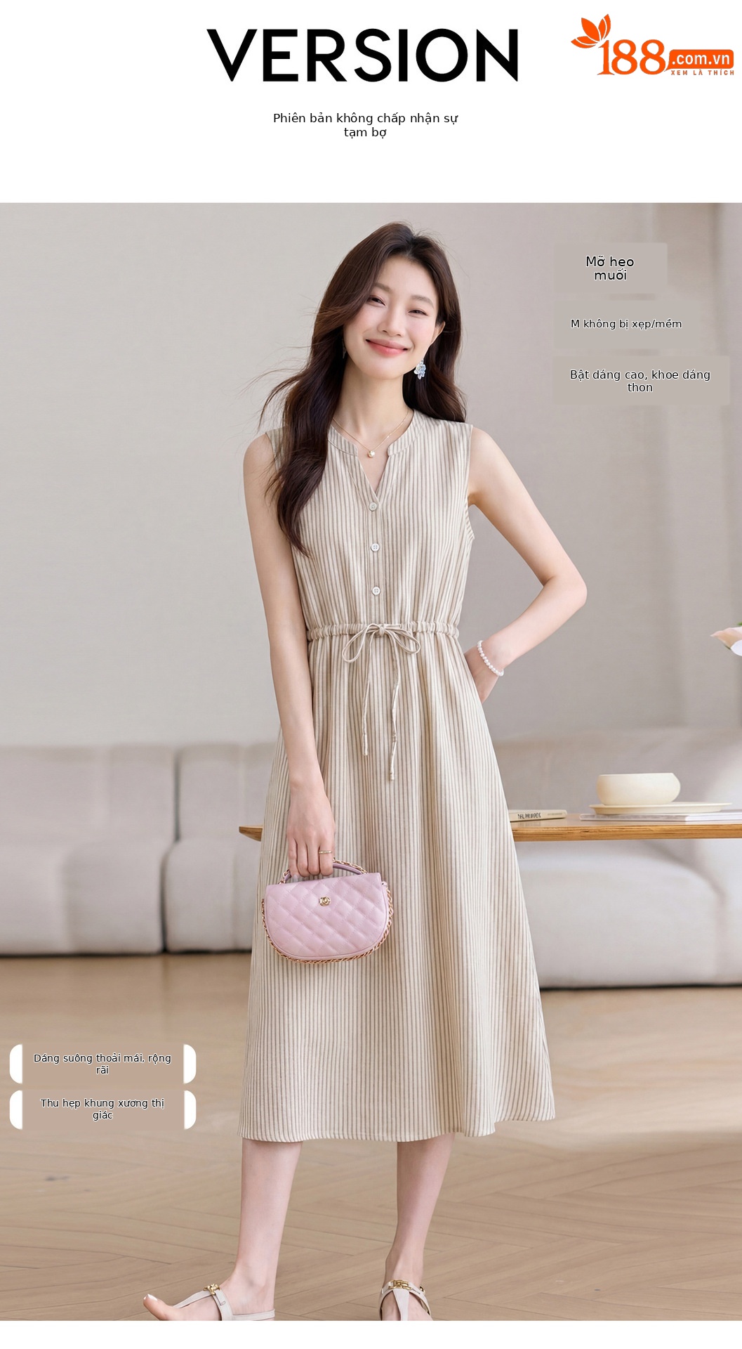 Đầm maxi nữ thắt eo cổ V rút dây, dáng chữ A trung niên mùa hè — Sọc Tây Tạng, Lưới đỏ, Sọc kaki chi tiết 5