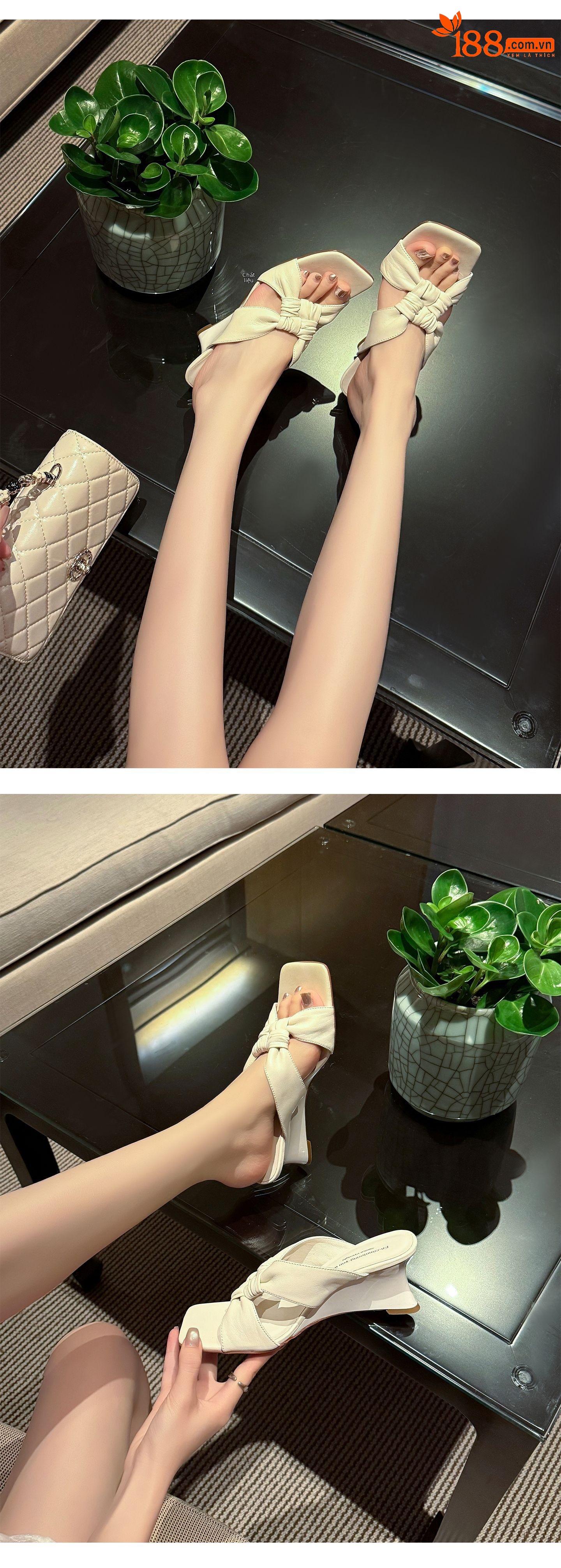 Sandal cao gót nữ mũi vuông hở ngón đế xuồng quai chéo — màu vàng, màu trắng ngà, bạc chi tiết 20