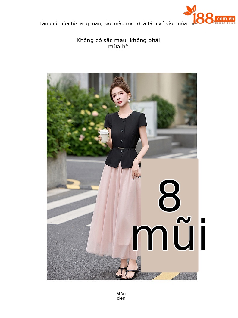 Bộ váy hai mảnh nữ cổ V thắt dây eo, áo sơ mi phối chân váy midi — màu đen chi tiết 4