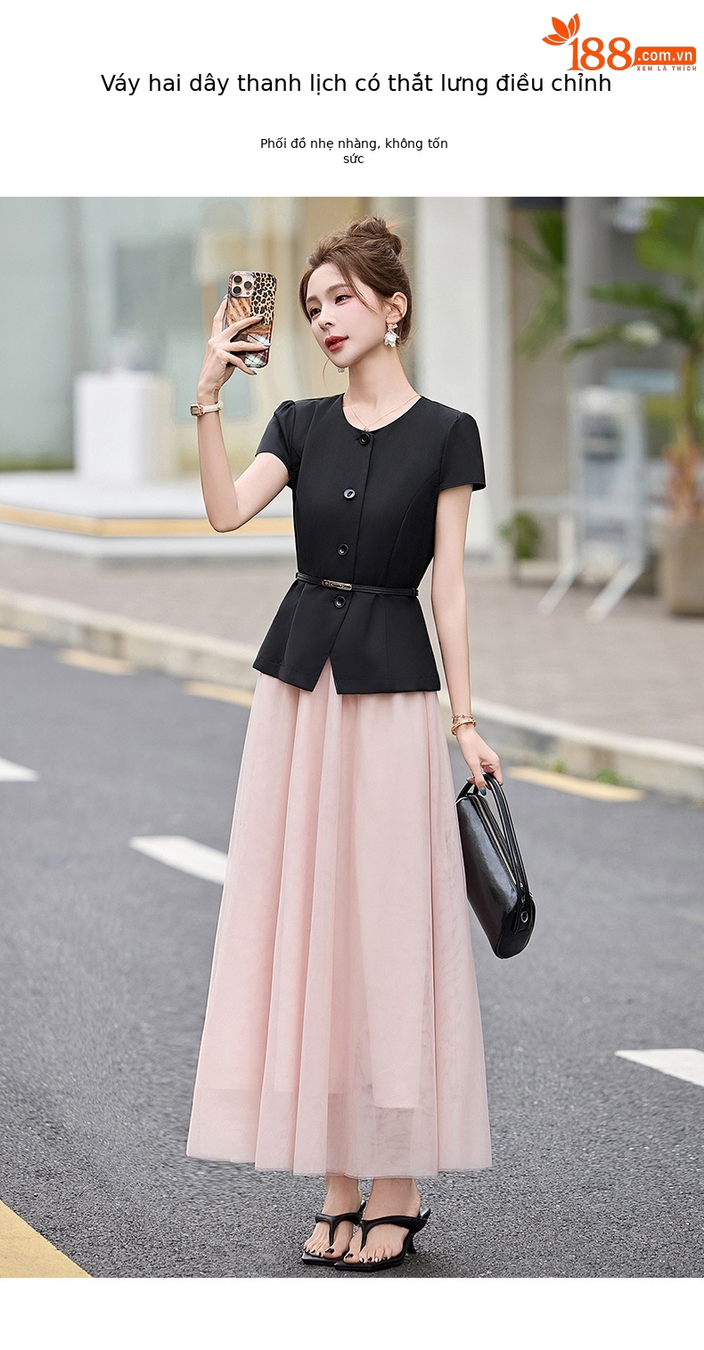 Bộ váy hai mảnh nữ cổ V thắt dây eo, áo sơ mi phối chân váy midi — màu đen chi tiết 5
