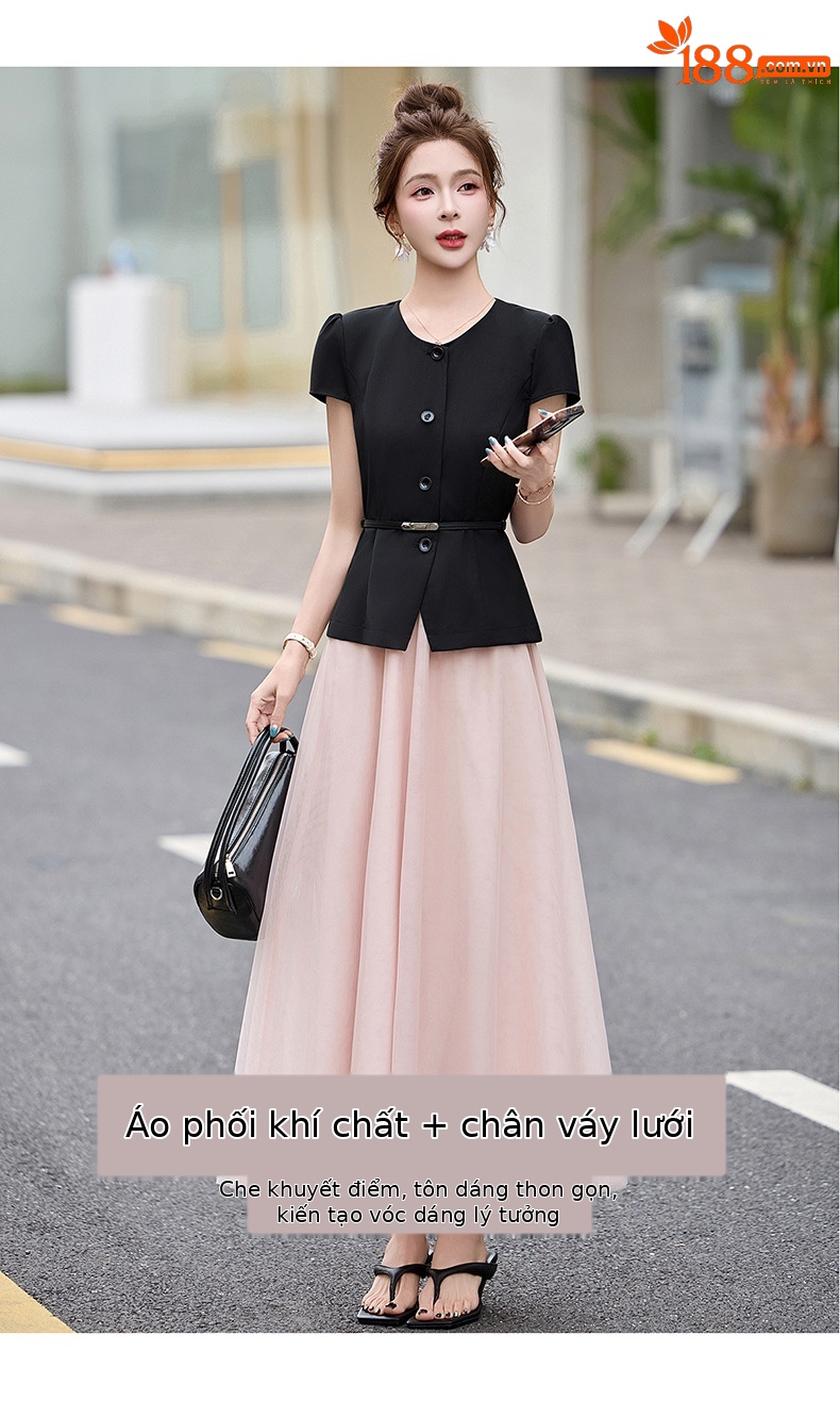 Bộ váy hai mảnh nữ cổ V thắt dây eo, áo sơ mi phối chân váy midi — màu đen chi tiết 6