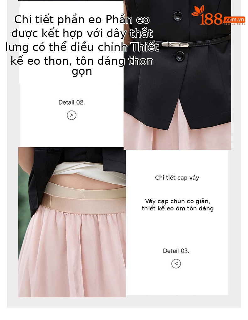 Bộ váy hai mảnh nữ cổ V thắt dây eo, áo sơ mi phối chân váy midi — màu đen chi tiết 8