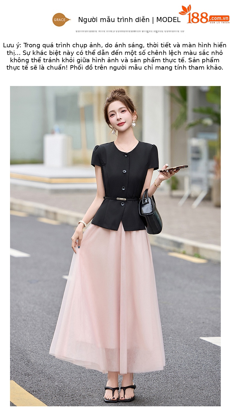 Bộ váy hai mảnh nữ cổ V thắt dây eo, áo sơ mi phối chân váy midi — màu đen chi tiết 11