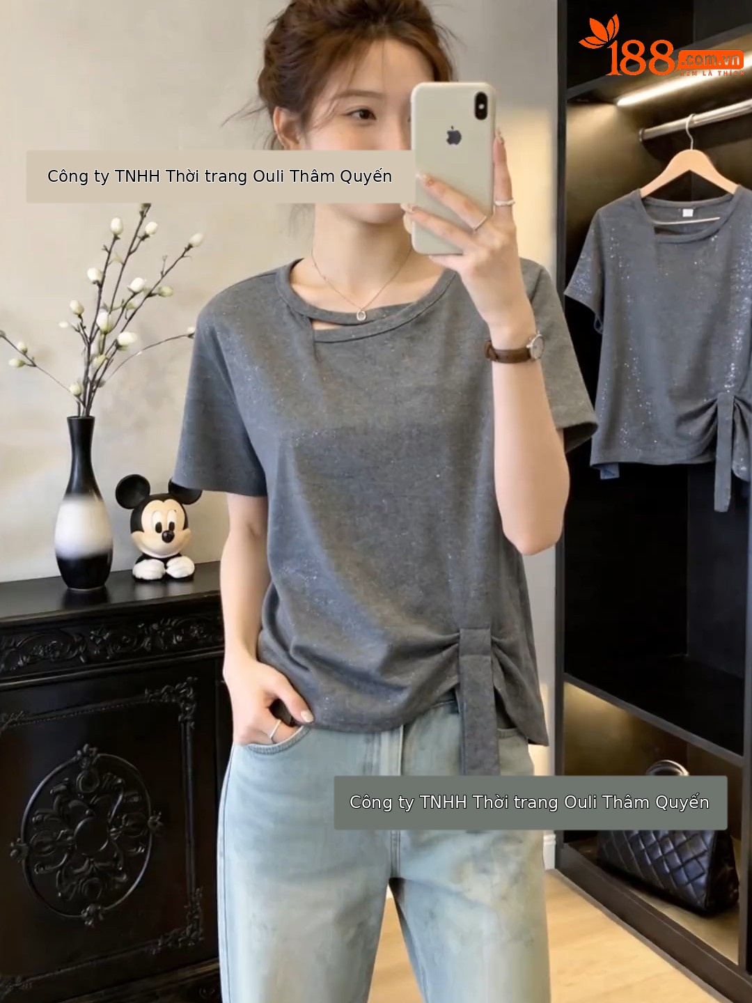 Áo thun tay ngắn nữ form rộng màu xám kiểu Hàn, thiết kế thắt eo che bụng — màu đen