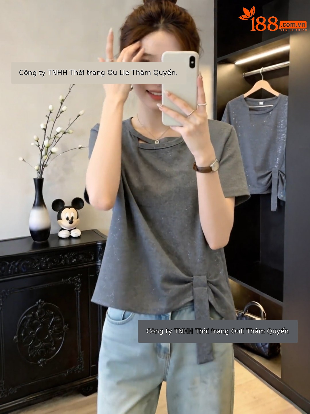 Áo thun tay ngắn nữ form rộng màu xám kiểu Hàn, thiết kế thắt eo che bụng — màu đen