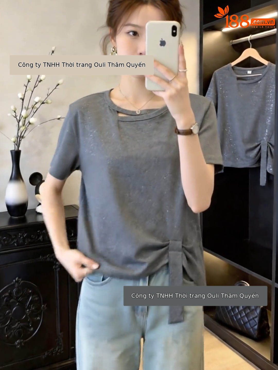 Áo thun tay ngắn nữ form rộng màu xám kiểu Hàn, thiết kế thắt eo che bụng — màu đen