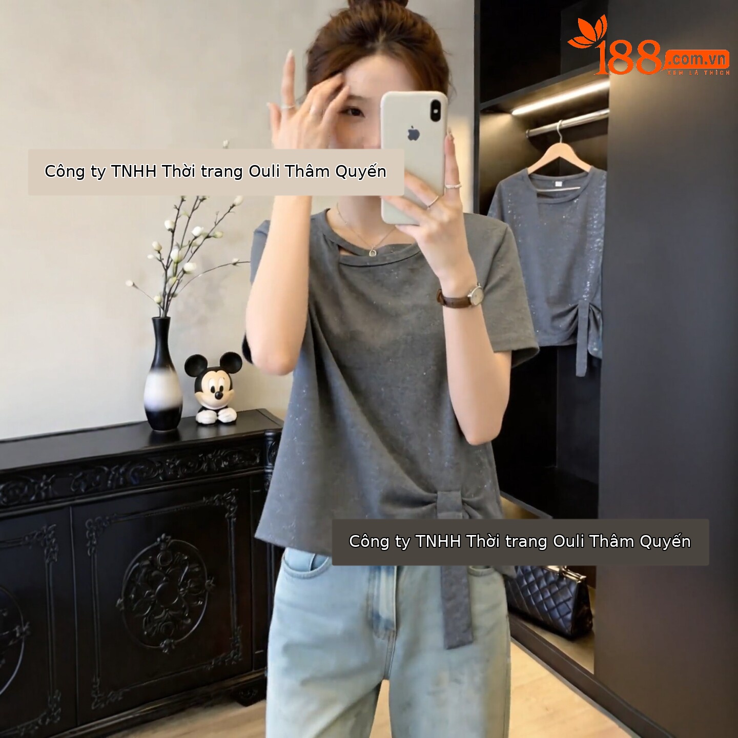 Áo thun tay ngắn nữ form rộng màu xám kiểu Hàn, thiết kế thắt eo che bụng — màu đen chi tiết 2