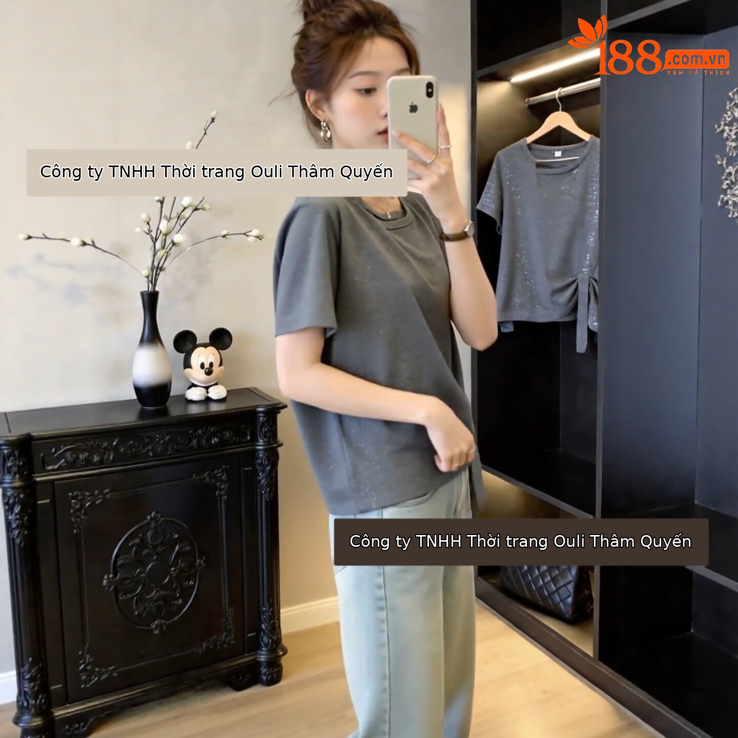 Áo thun tay ngắn nữ form rộng màu xám kiểu Hàn, thiết kế thắt eo che bụng — màu đen chi tiết 3