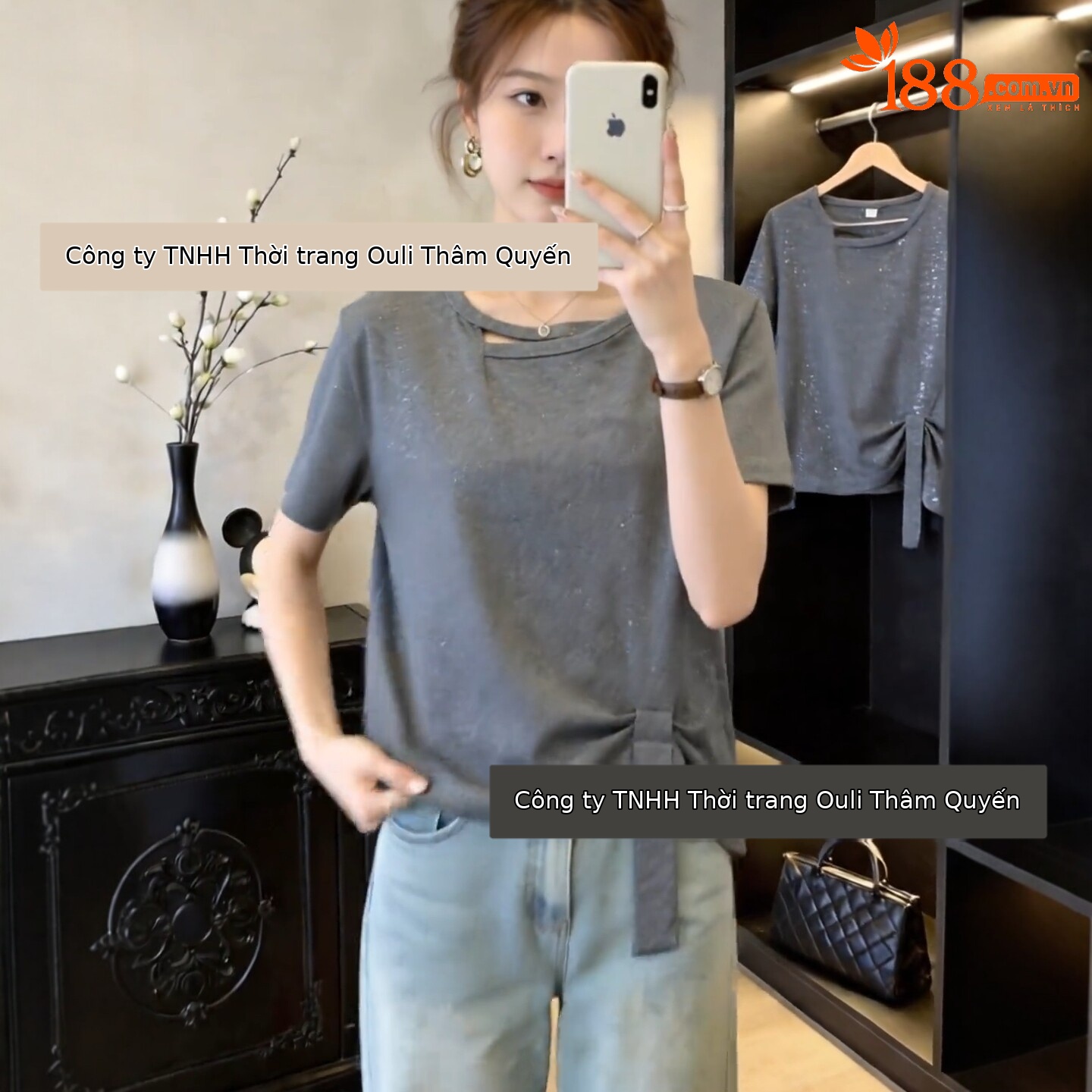 Áo thun tay ngắn nữ form rộng màu xám kiểu Hàn, thiết kế thắt eo che bụng — màu đen chi tiết 4