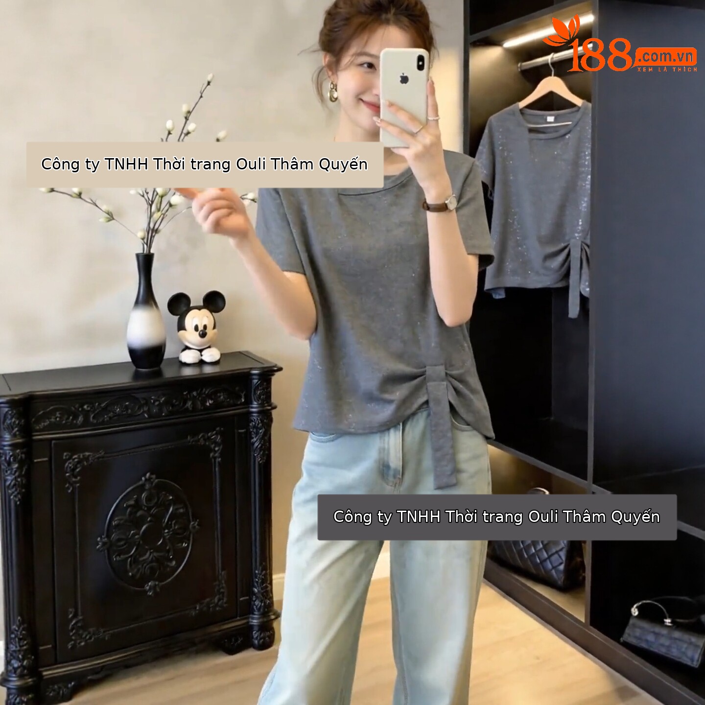 Áo thun tay ngắn nữ form rộng màu xám kiểu Hàn, thiết kế thắt eo che bụng — màu đen chi tiết 5